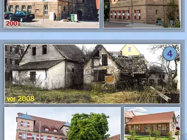 Fotocollage AKC 25 Jahre - Der Markt Feucht im Wandel: man sieht Bilder von alten Häusern, vor einem steht ein älteres Auto-Modell