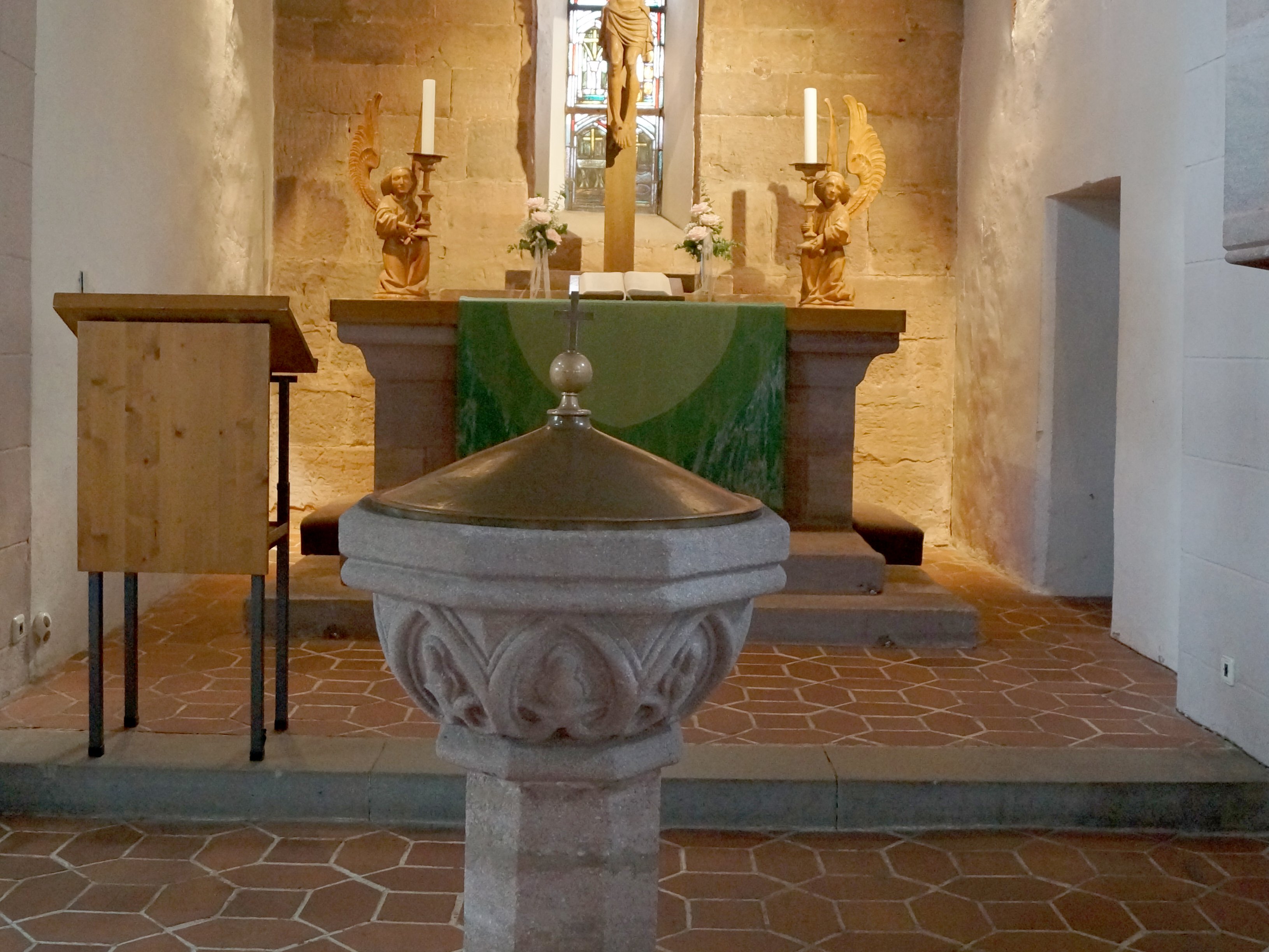 Interior view of the baptismal font of the Protestant Church St James