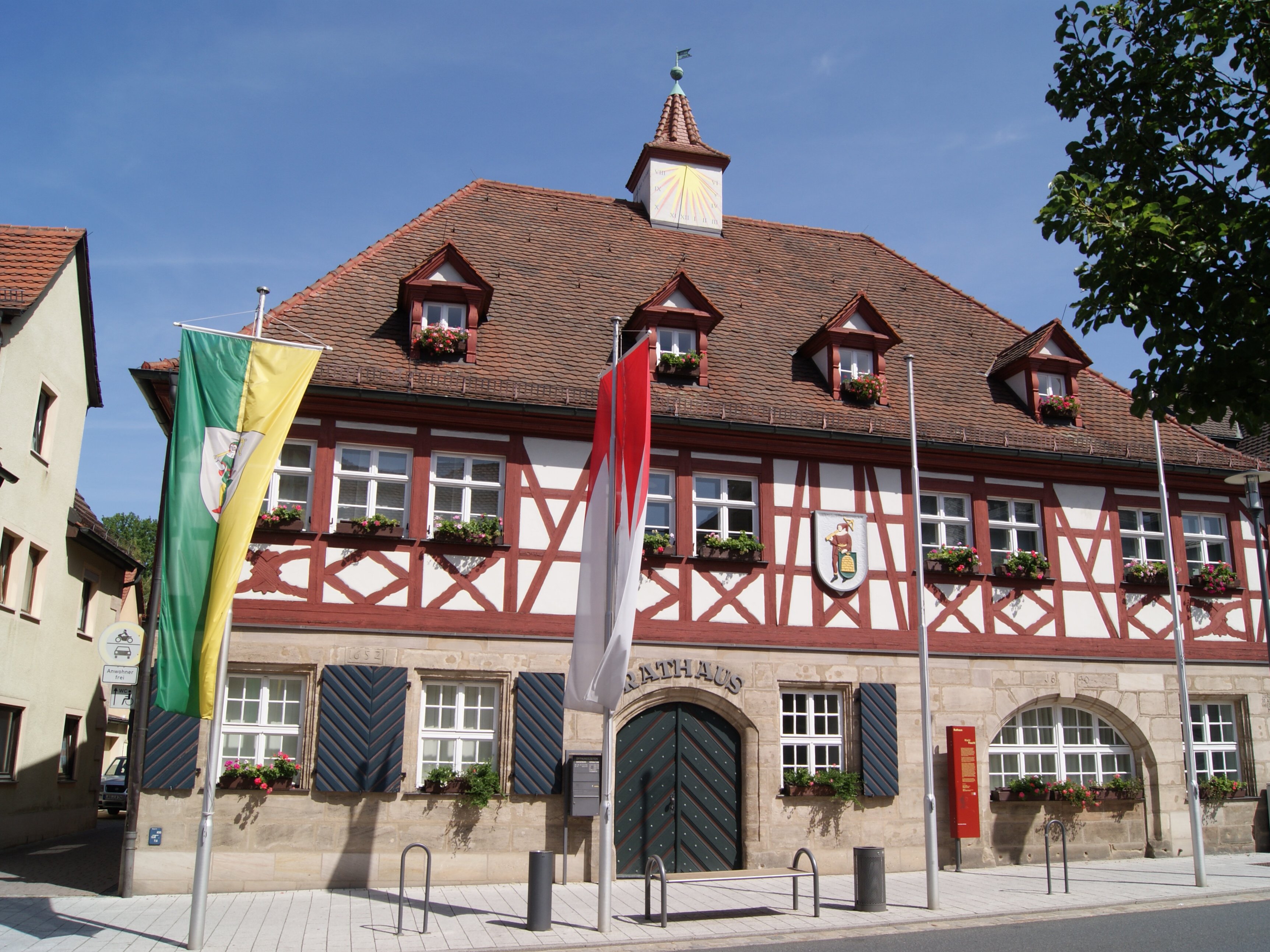 View of the town hall with its half-timbered buildings